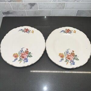 Pair Vintage Scio USA HAZEL Porcelain Scalloped Flowers Dinnerware Salad Plates